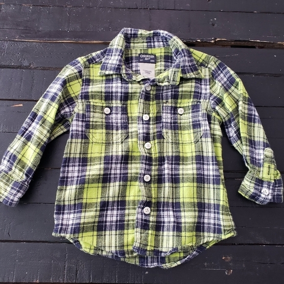 OshKosh Toddler Boy 2T Long Sleeve Flannel Button Up Shirt Blue Green Plaid Top - Picture 1 of 4
